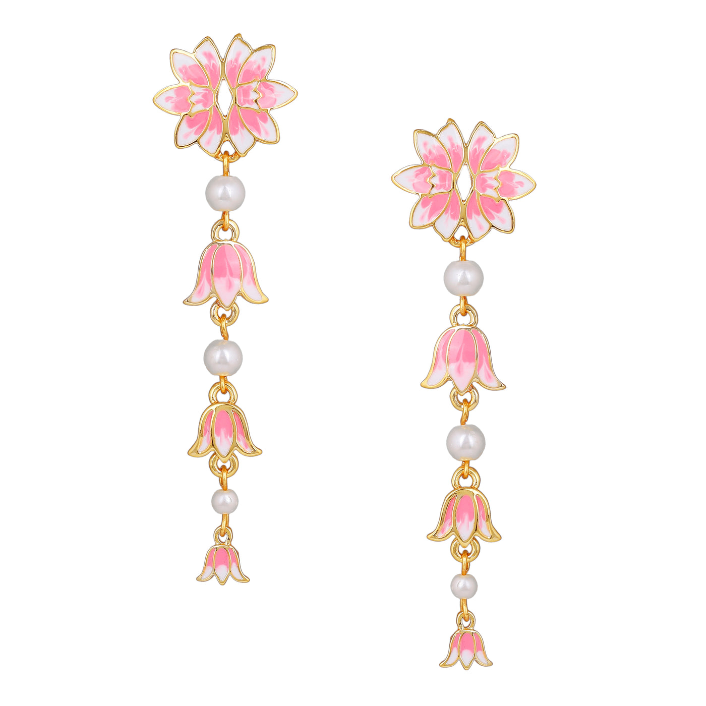 Estele Gold Plated Pink Enamelled Lotus Designer Pearl Beaded Earrings for Girl's & Women