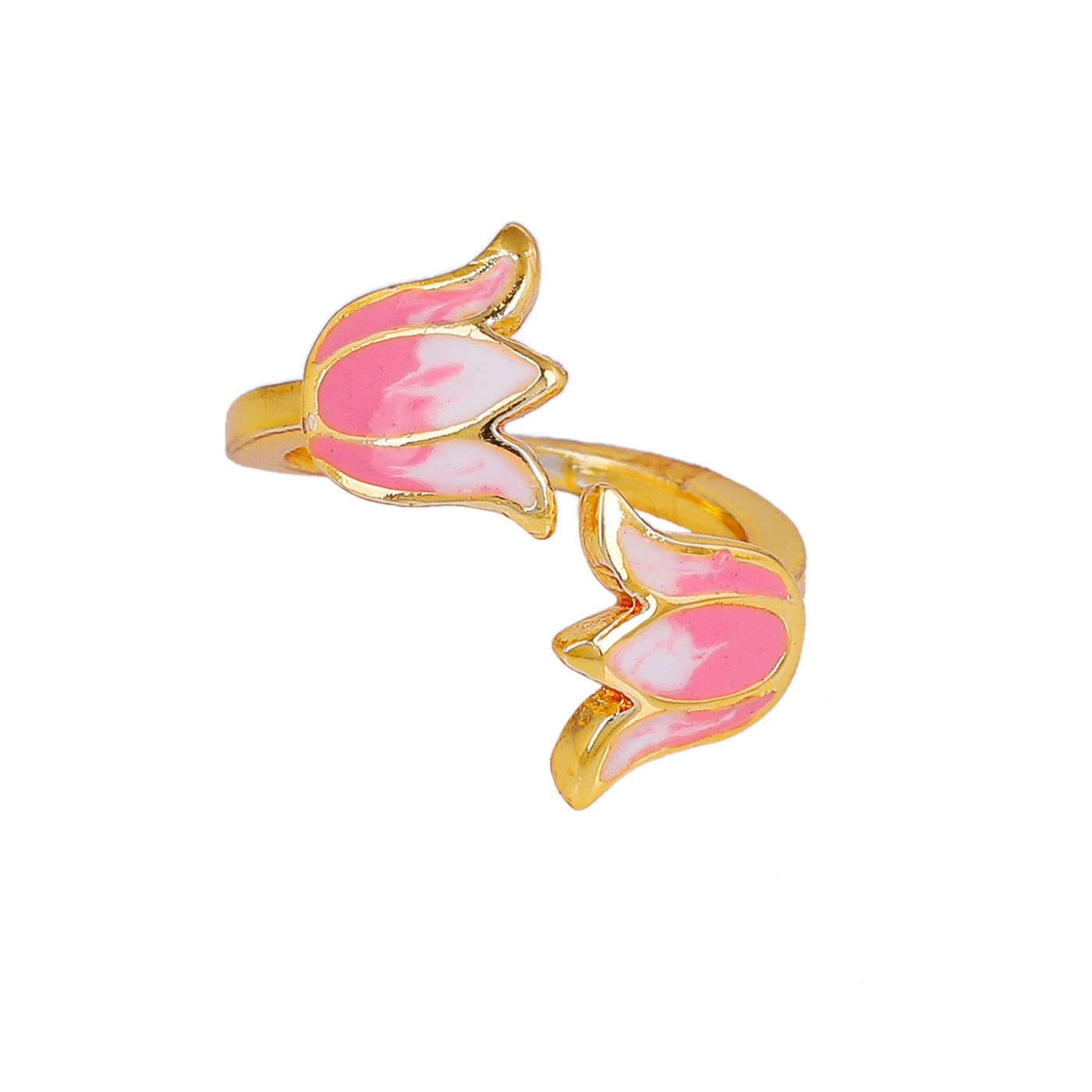 Estele Gold Plated Pink Enamelled Lotus Designer Stylish Adjustable Finger Ring for Girl's & Women