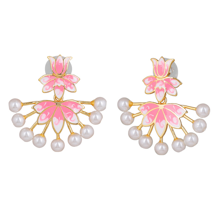 Estele Gold Plated Lotus Designer Pearl Drop Earrings with Pink Enamel for Girl's & Women