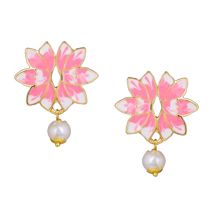 Estele Gold Plated Latest Lotus Designer Pearl Choker Necklace Set with Pink Enamel for Girl's & Women
