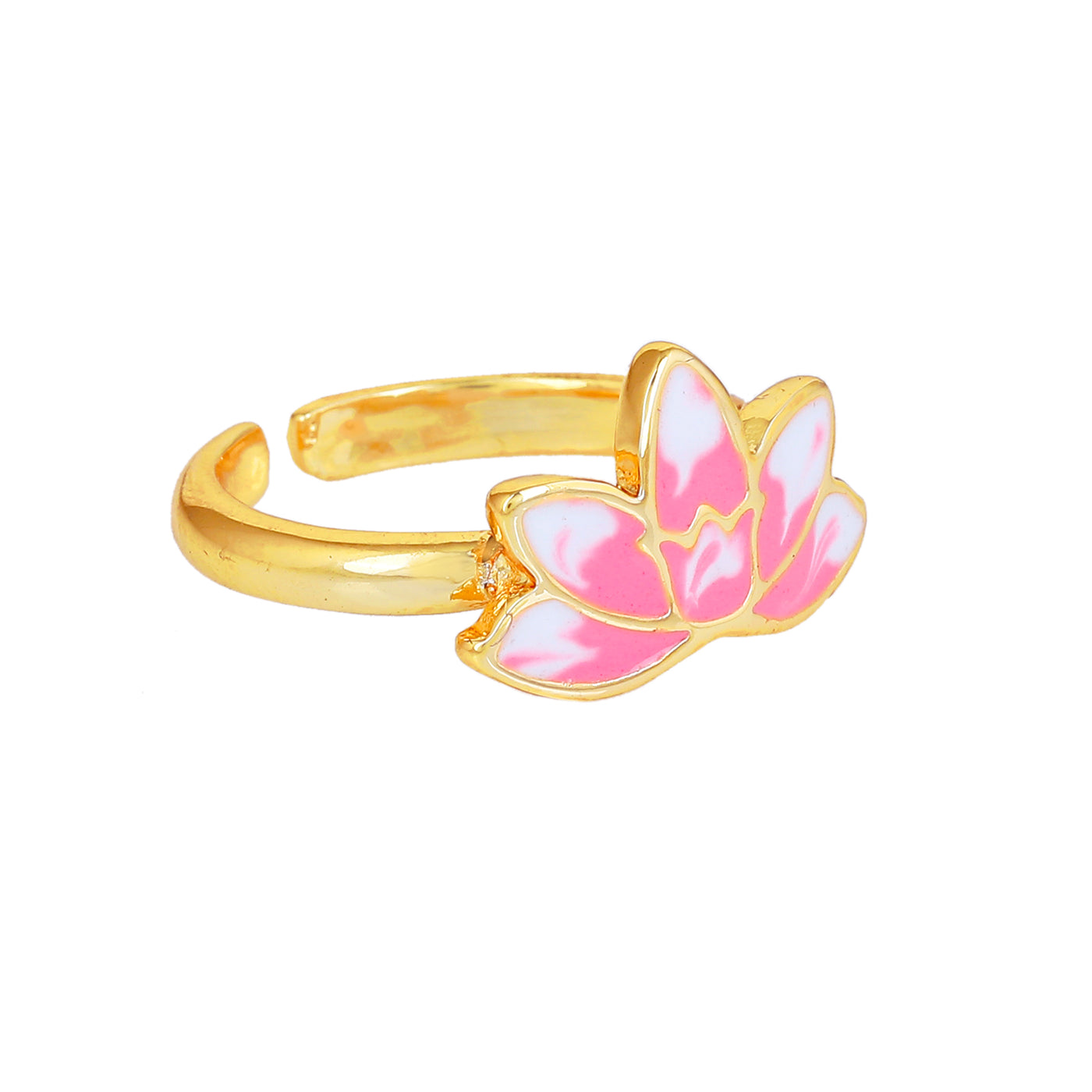 Estele Gold Plated Pink Enamelled Lotus Designer Stylish Adjustable Finger Ring for Girl's & Women