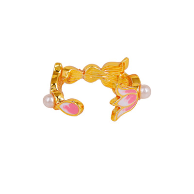 Estele Gold Plated Pink Enamelled Lotus Designer Adjustable Finger Ring with Pearls for Girl's & Women