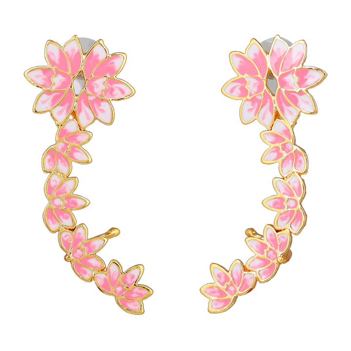 Estele Gold Plated Pink Enamelled Lotus Designer Stylish Cuff Earrings for Girl's & Women
