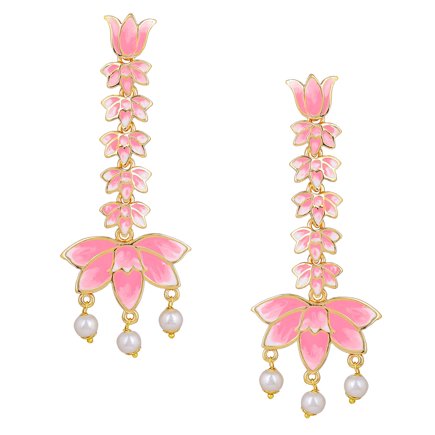 Estele Gold Plated Pink Enamelled Lotus Designer Pearl Drop & Dangler Earrings for Girl's & Women