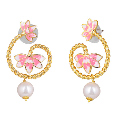 Estele Gold Plated Pink Enamelled Lotus Designer Pearl Drop Earrings for Girl's & Women