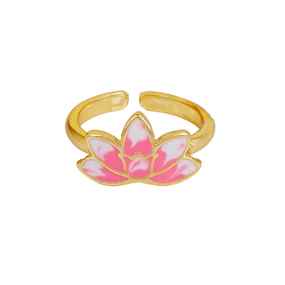 Estele Gold Plated Pink Enamelled Lotus Designer Stylish Adjustable Finger Ring for Girl's & Women