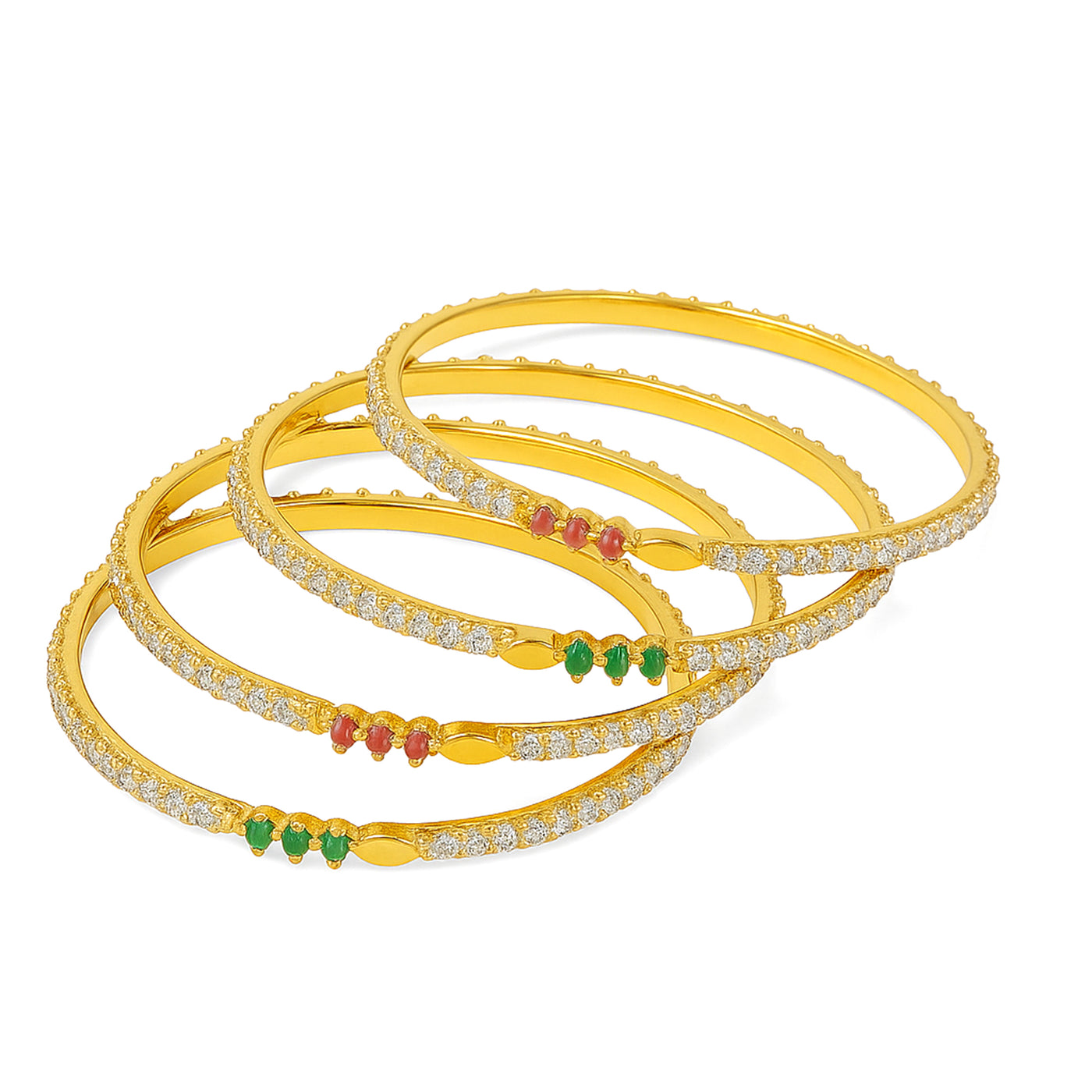 Estele Gold Polish CZ Bangles for Women – Size 2.6 – Set of 4 with Ruby & Green Stones – Ideal for Traditional Wear & Gifting – OSBR-VK11090-26 BANGLE