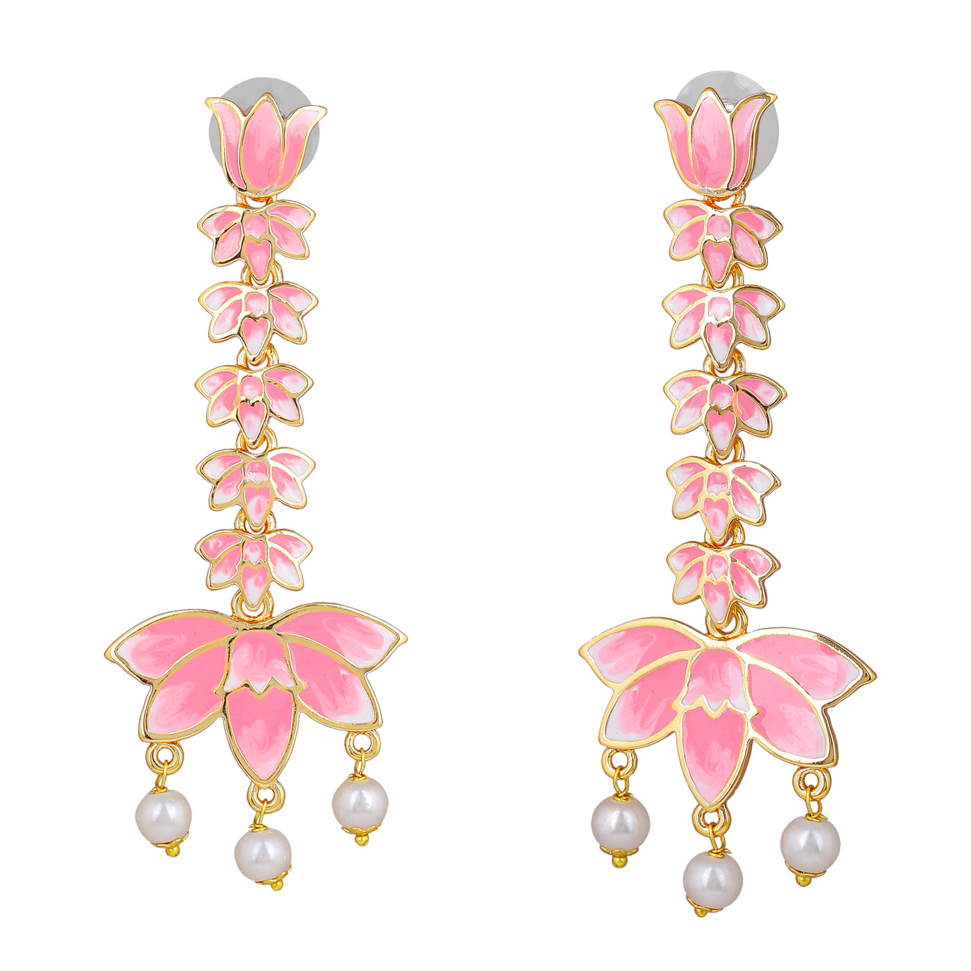 Estele Gold Plated Pink Enamelled Lotus Designer Pearl Drop & Dangler Earrings for Girl's & Women