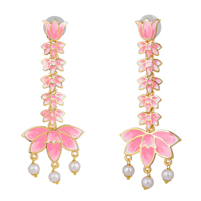 Estele Gold Plated Pink Enamelled Lotus Designer Pearl Drop & Dangler Earrings for Girl's & Women