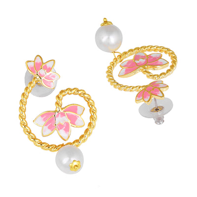 Estele Gold Plated Pink Enamelled Lotus Designer Pearl Drop Earrings for Girl's & Women