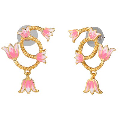 Estele Gold Plated Pink Enamelled Fleur Lotus Designer Drop Earrings for Girl's & Women