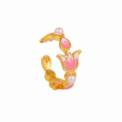 Estele Gold Plated Pink Enamelled Lotus Designer Adjustable Finger Ring with Pearls for Girl's & Women