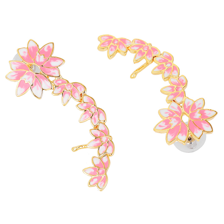 Estele Gold Plated Pink Enamelled Lotus Designer Stylish Cuff Earrings for Girl's & Women