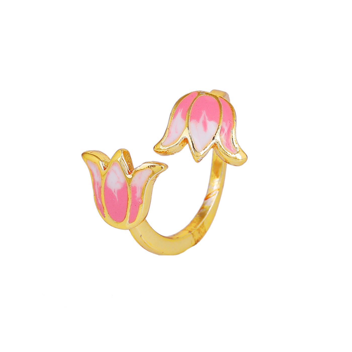 Estele Gold Plated Pink Enamelled Lotus Designer Stylish Adjustable Finger Ring for Girl's & Women