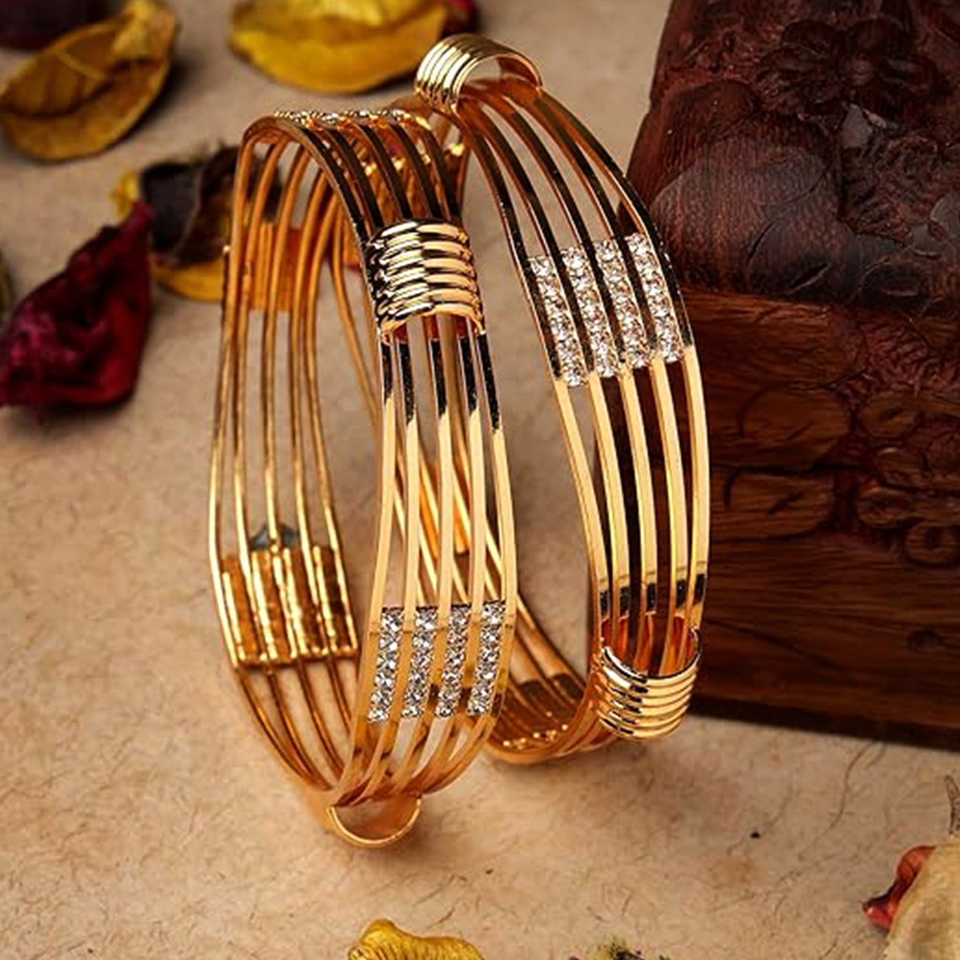 Estele Stylish Gold Plated Bangles – Size 2.6 – Multi-Layer Wire Design with CZ Stones – Elegant Jewelry for Women – OSBR-VK11434-26 BANGLE