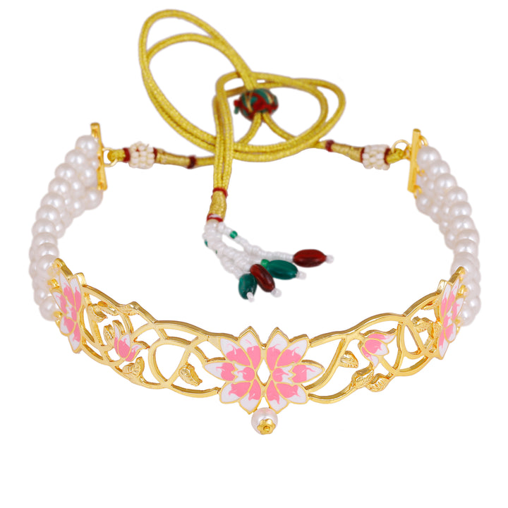Estele Gold Plated Latest Lotus Designer Pearl Choker Necklace Set with Pink Enamel for Girl's & Women