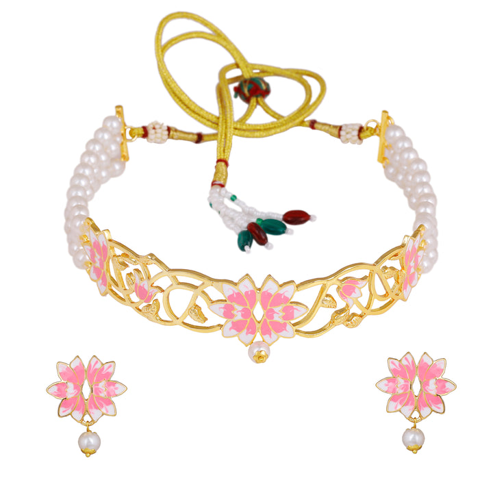 Estele Gold Plated Latest Lotus Designer Pearl Choker Necklace Set with Pink Enamel for Girl's & Women
