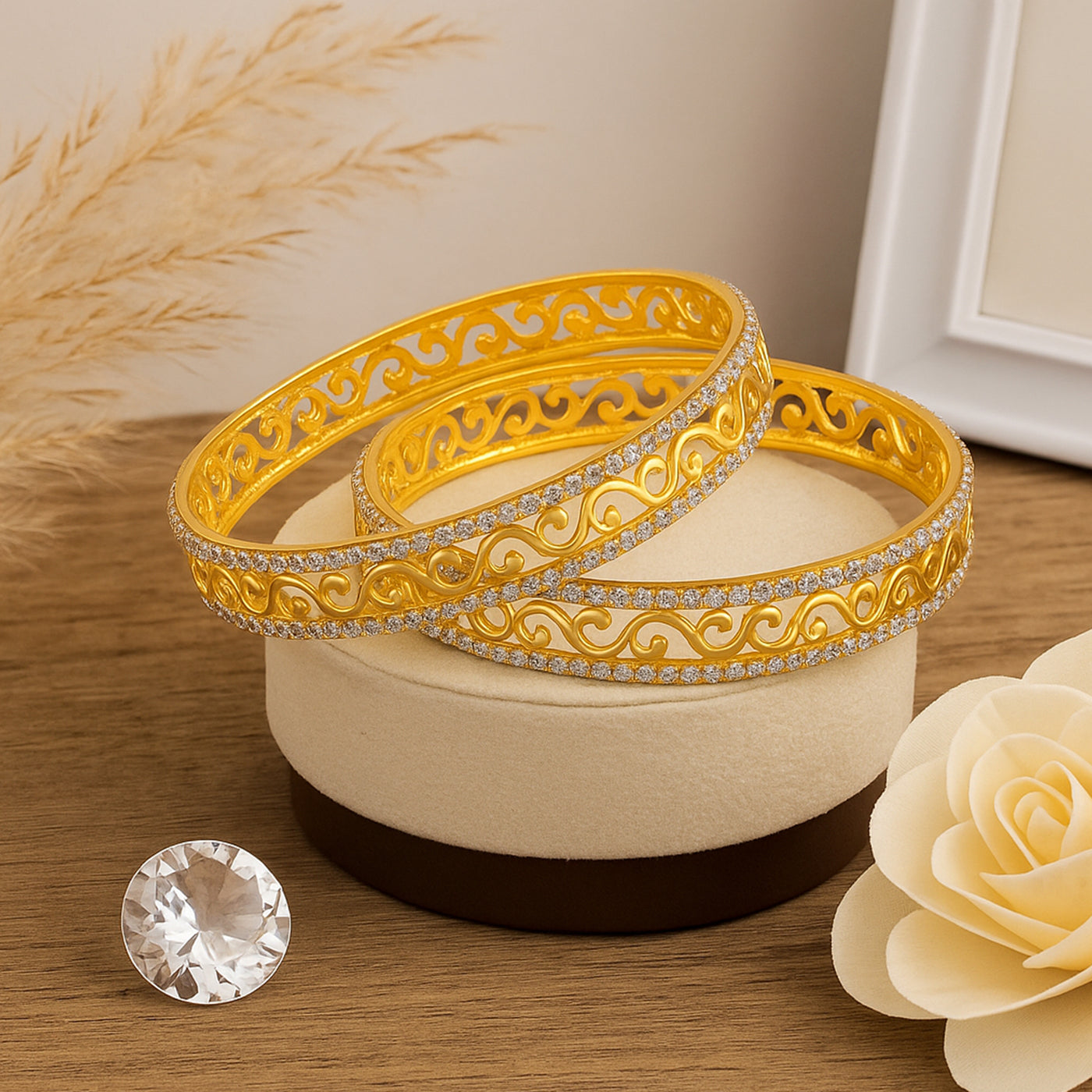 Estele Luxury Gold-Tone Bangles – 2.6 Size with Intricate Floral Vine Design & CZ Stone Accents – OSBR-VK11011-26 BANGLE