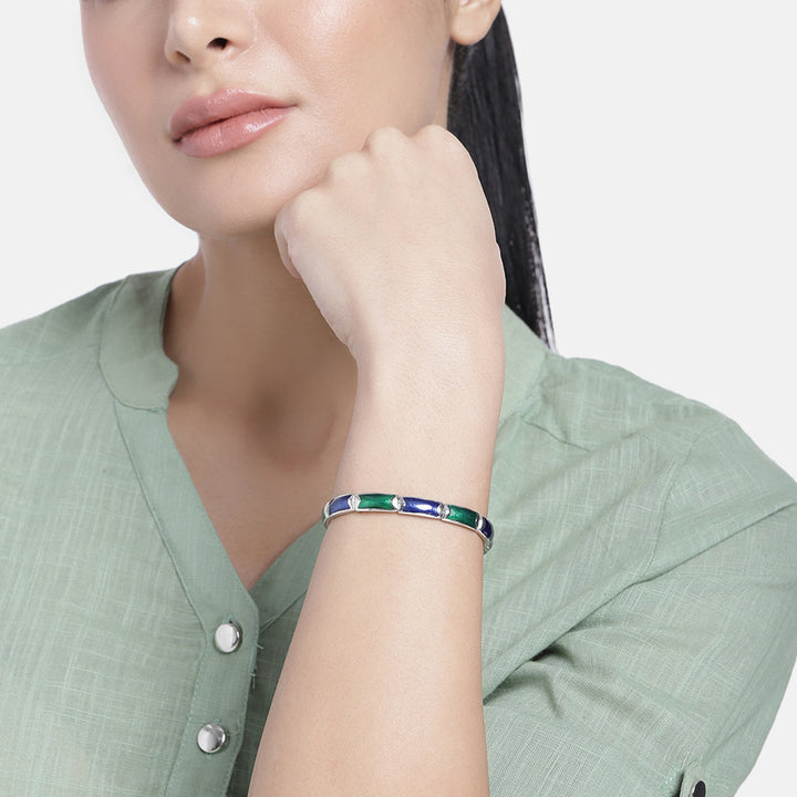 Estele Rhodium Plated Blue and Green Enamel Cuff Bracelet for women