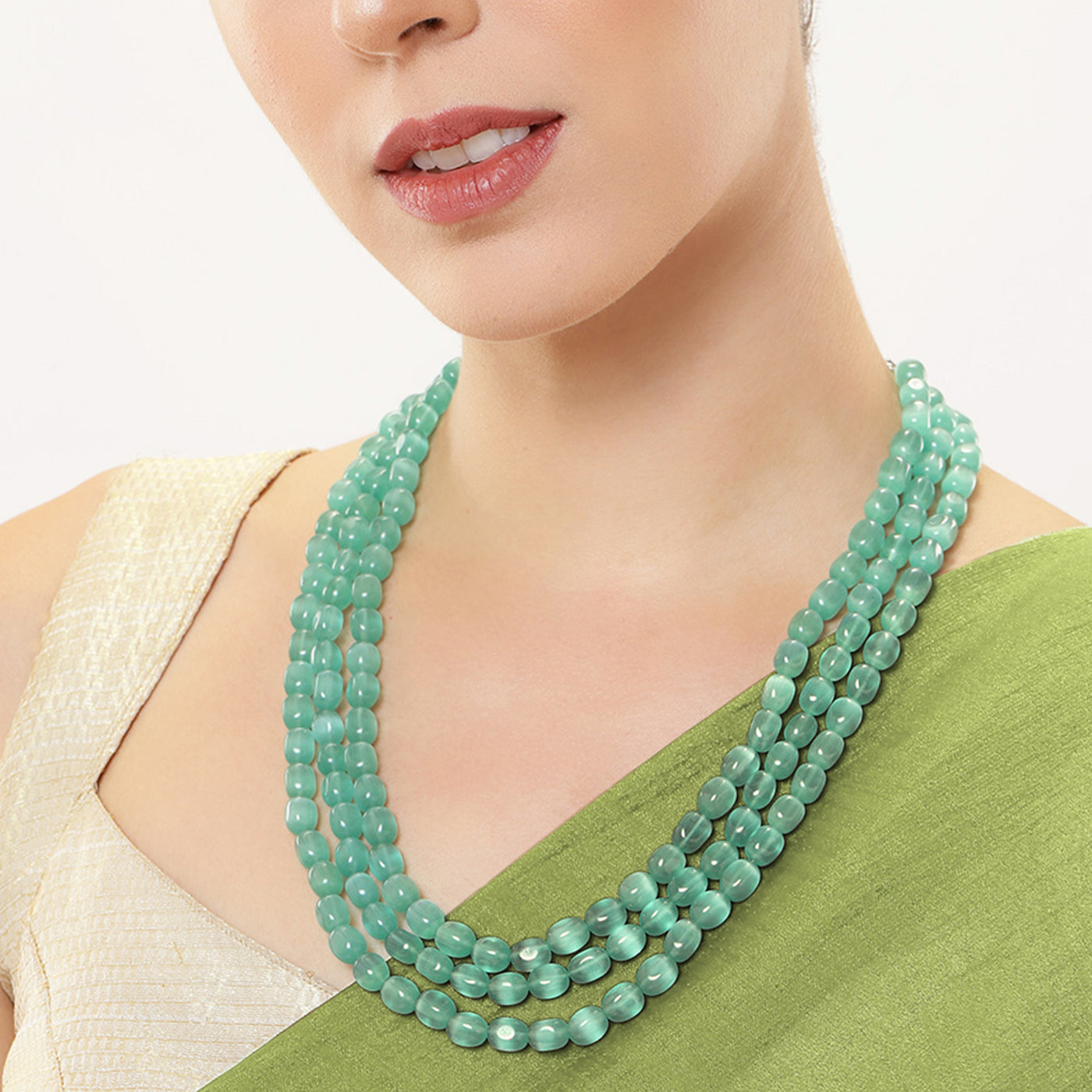 Estele Rhodium Plated Sparkling Necklace with Mint Green Stones for Women