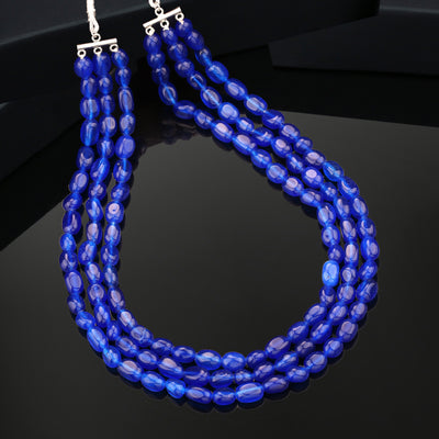 Estele Rhodium Plated Glimmering Designer Three Layered Necklace with Blue Beads for Girls/Women