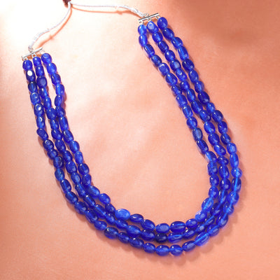 Estele Rhodium Plated Glimmering Designer Three Layered Necklace with Blue Beads for Girls/Women