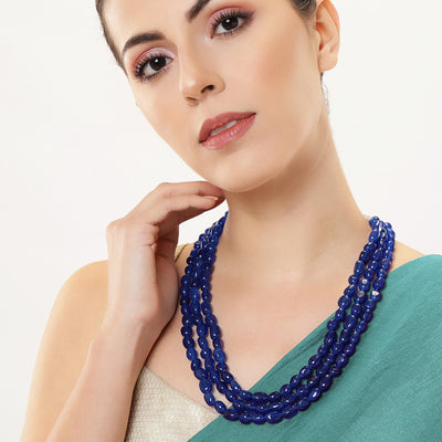 Estele Rhodium Plated Glimmering Designer Three Layered Necklace with Blue Beads for Girls/Women