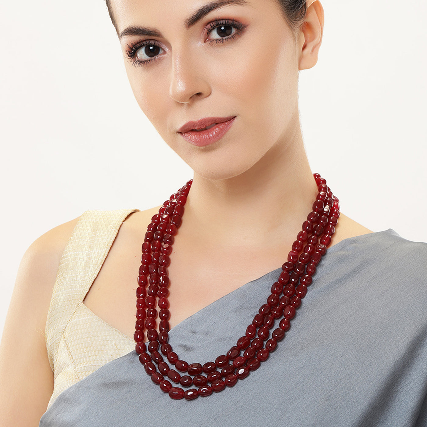 Estele Rhodium Plated Marvelous Designer Three Layered Necklace with Ruby Beads for Girls and Women