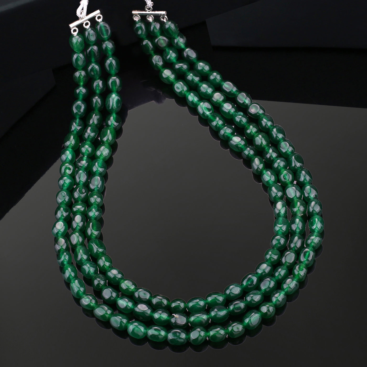 Estele Rhodium Plated Sparkling Designer Three Layered Necklace With Green Beads for Women