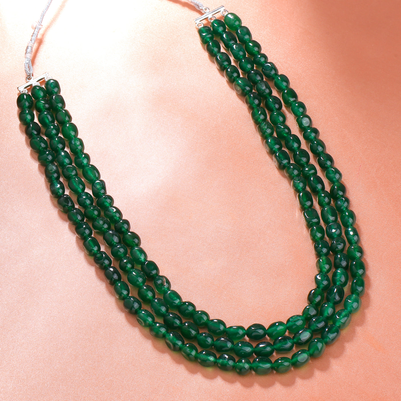 Estele Rhodium Plated Sparkling Designer Three Layered Necklace With Green Beads for Women