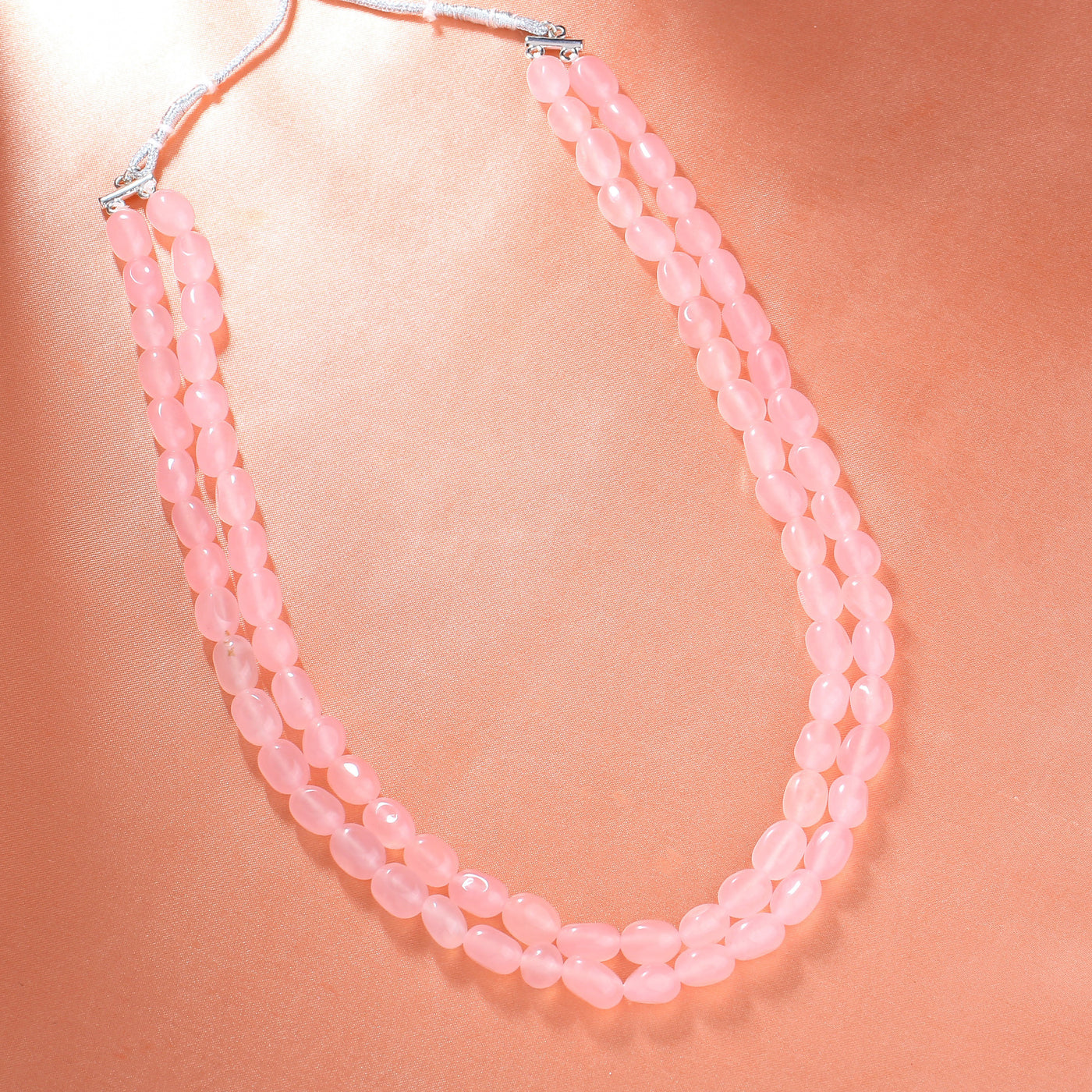 Estele Rhodium Plated Sparkling Double Layered Necklace with Mint Pink Beads for Girls/Women