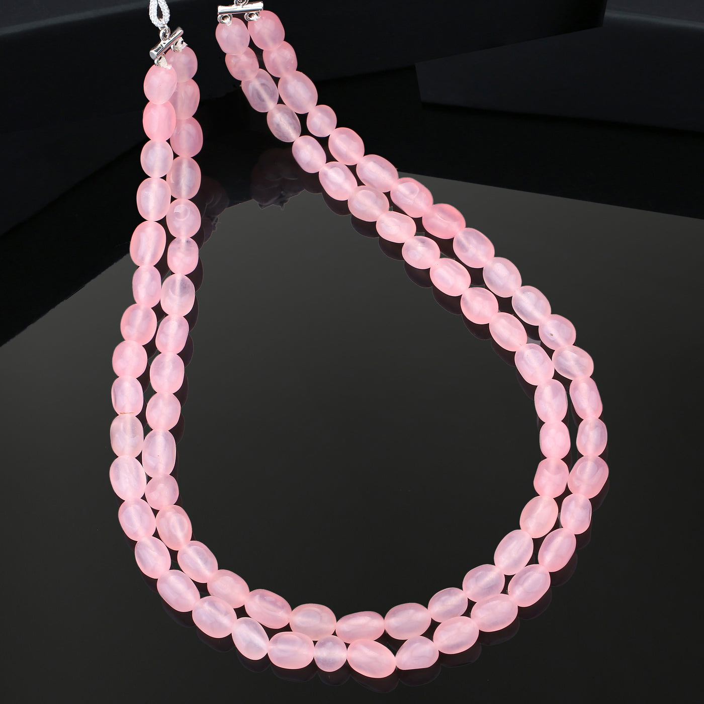 Estele Rhodium Plated Sparkling Double Layered Necklace with Mint Pink Beads for Girls/Women