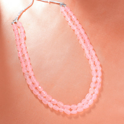 Estele Rhodium Plated Sparkling Double Layered Necklace with Mint Pink Beads for Girls/Women