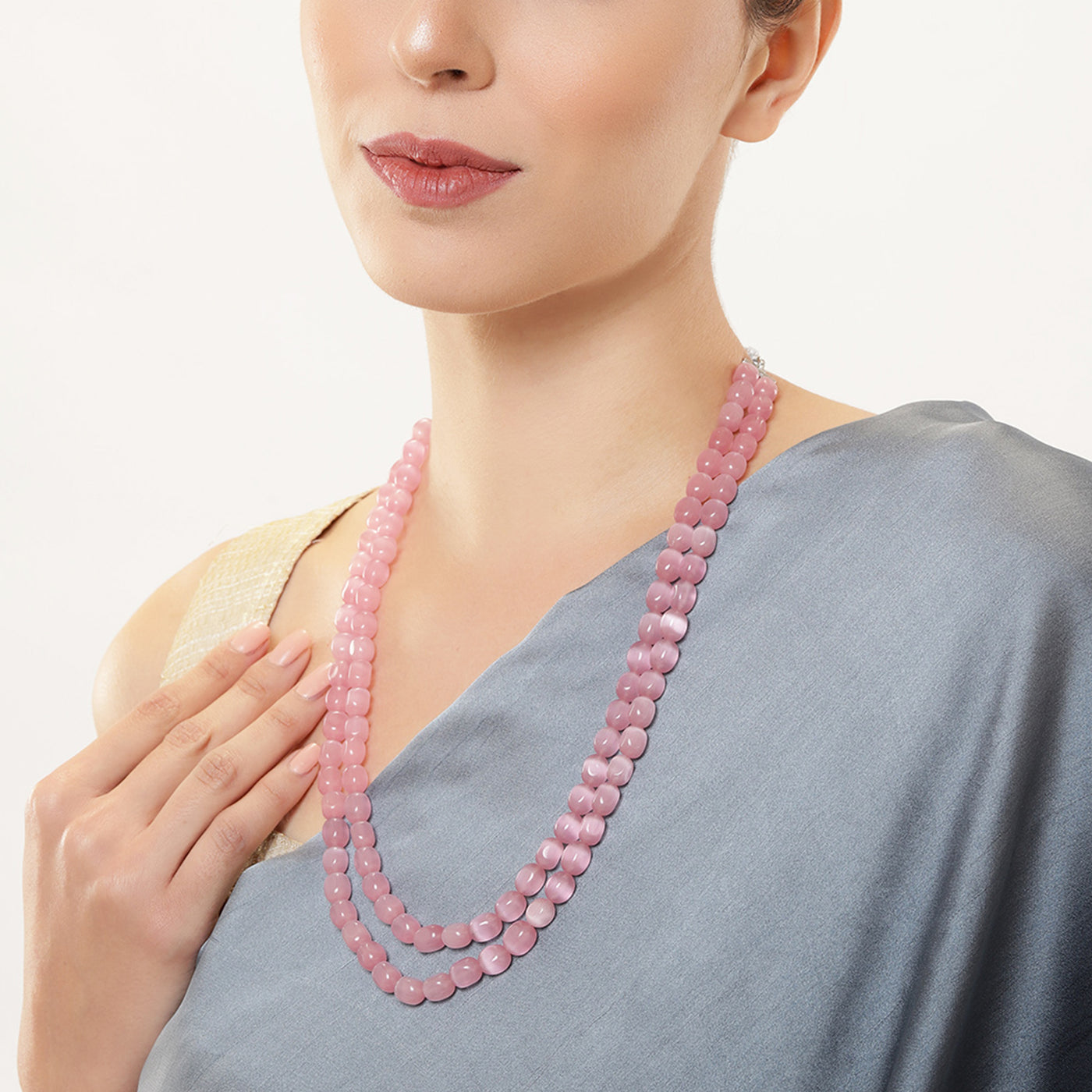 Estele Rhodium Plated Sparkling Double Layered Necklace with Mint Pink Beads for Girls/Women