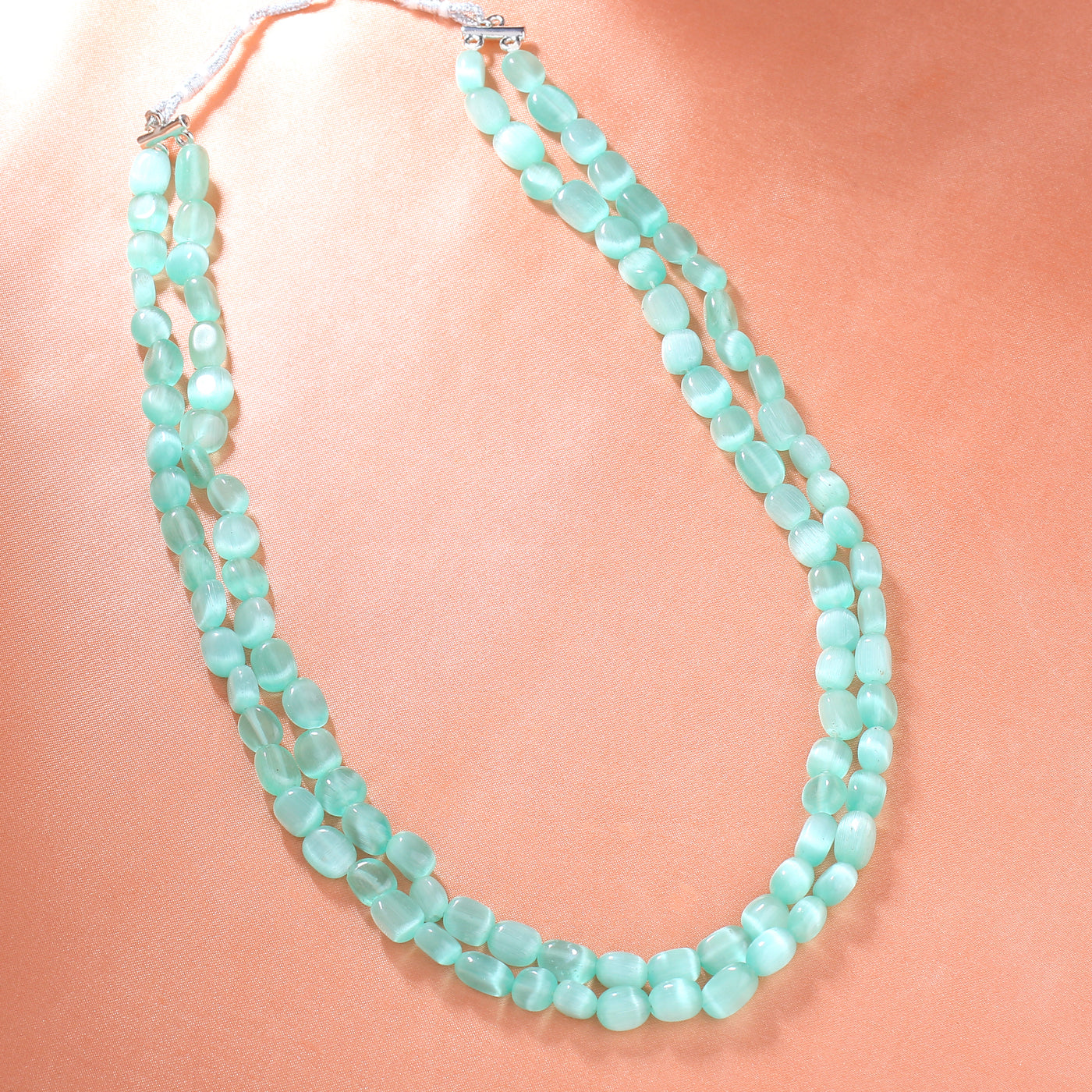 Estele Rhodium Plated Swanky Double Layered Necklace with Mint Green Beads for Girls and Women