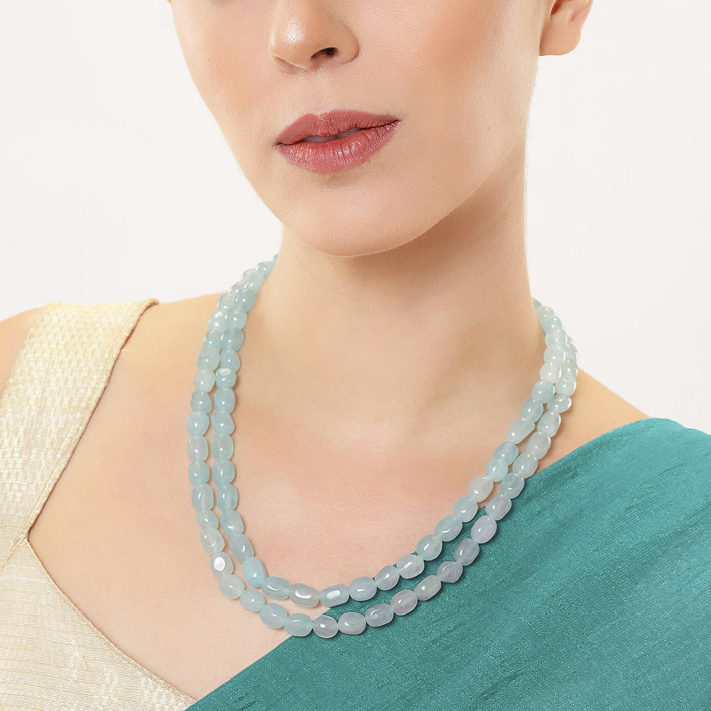 Estele Rhodium Plated Elegant Designer Double Layered Necklace with Mint Blue Beads for Girls and Women