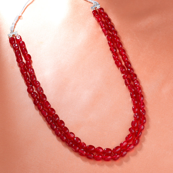 Estele Rhodium Plated Trendy Double Layered Necklace with Ruby Beads for Girls/Women