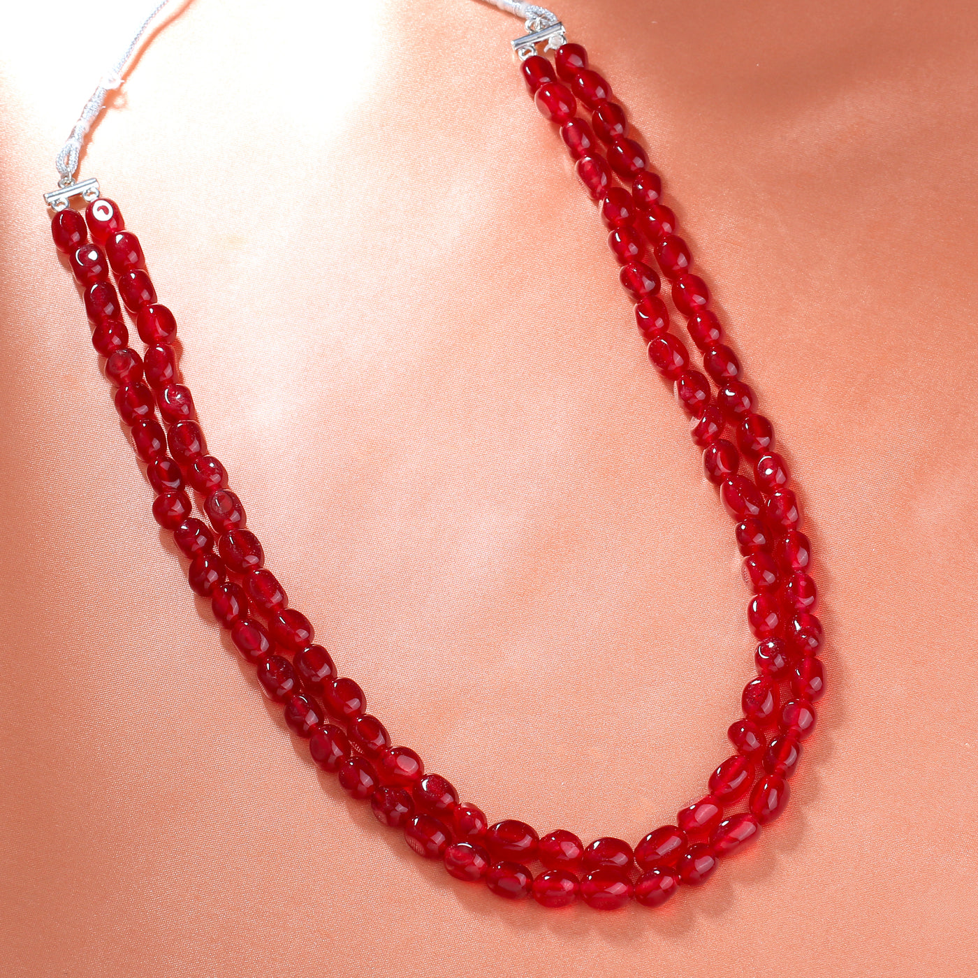 Estele Rhodium Plated Trendy Double Layered Necklace with Ruby Beads for Girls/Women