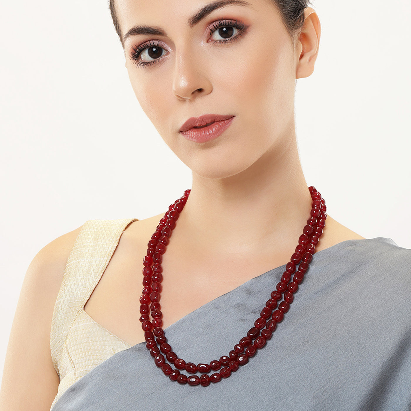 Estele Rhodium Plated Trendy Double Layered Necklace with Ruby Beads for Girls/Women