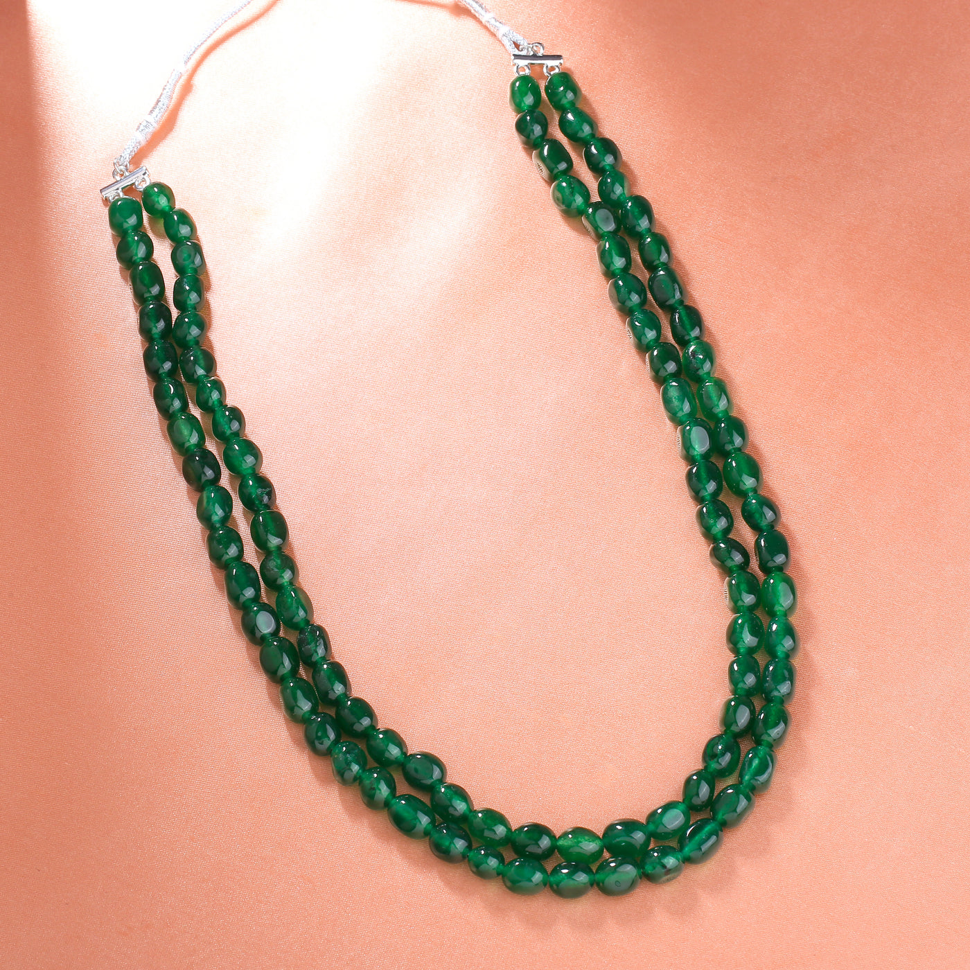 Estele Rhodium Plated Elegant Double Layered Necklace with Green Beads for Girls/Women