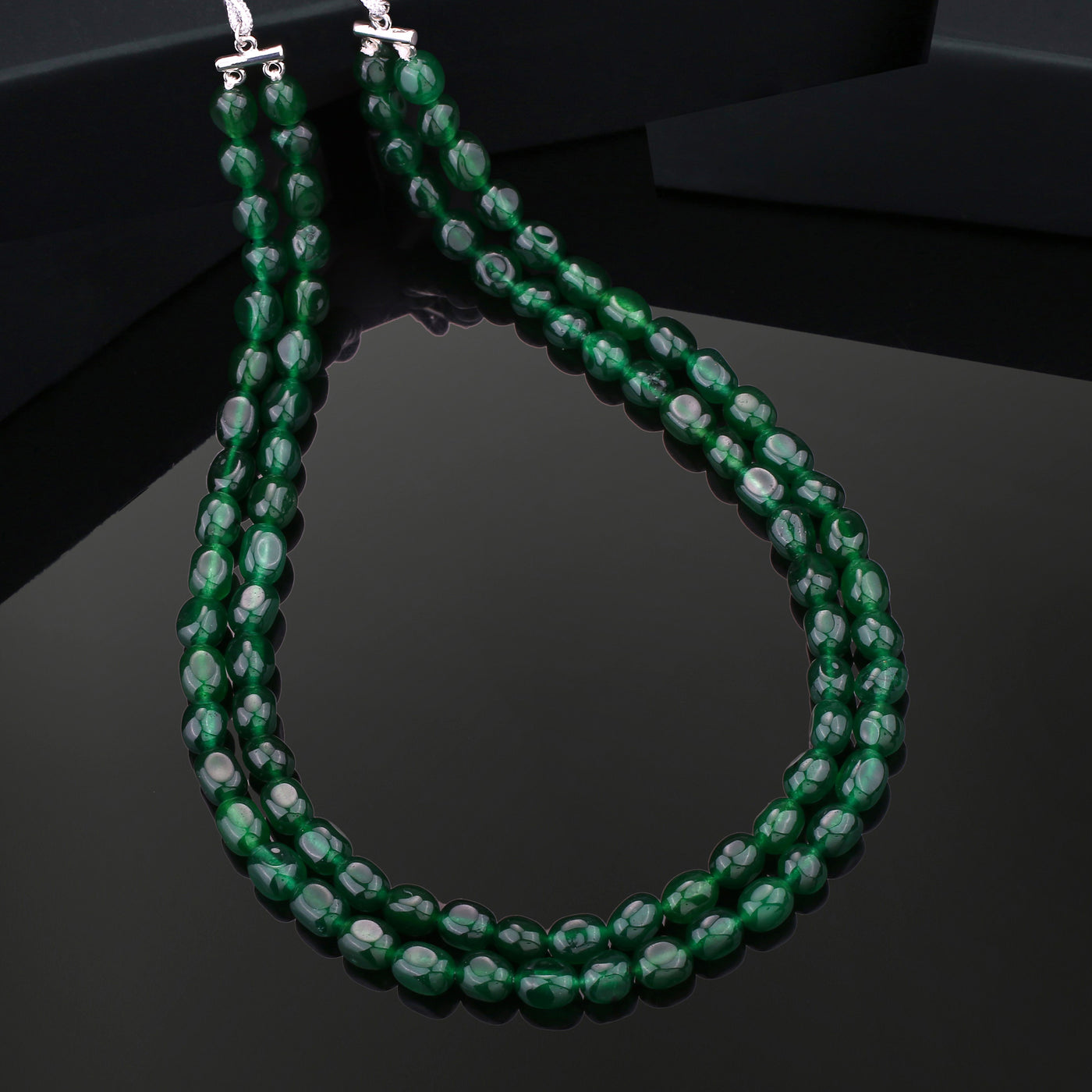 Estele Rhodium Plated Elegant Double Layered Necklace with Green Beads for Girls/Women