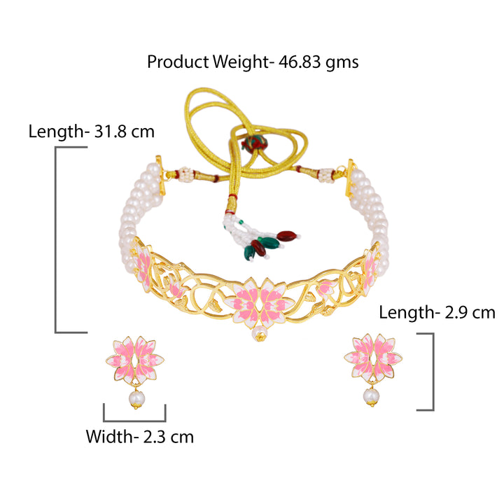 Estele Gold Plated Latest Lotus Designer Pearl Choker Necklace Set with Pink Enamel for Girl's & Women