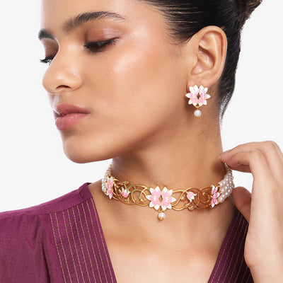 Estele Gold Plated Latest Lotus Designer Pearl Choker Necklace Set with Pink Enamel for Girl's & Women