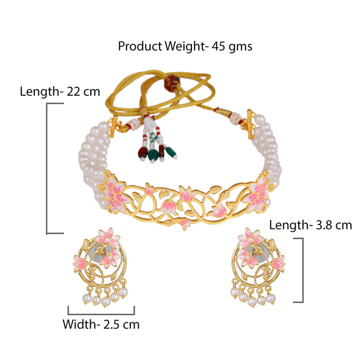 Estele Gold Plated Stylish Lotus Designer Pearl Choker Necklace Set with Pink Enamel for Girl's & Women