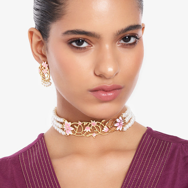 Estele Gold Plated Stylish Lotus Designer Pearl Choker Necklace Set with Pink Enamel for Girl's & Women