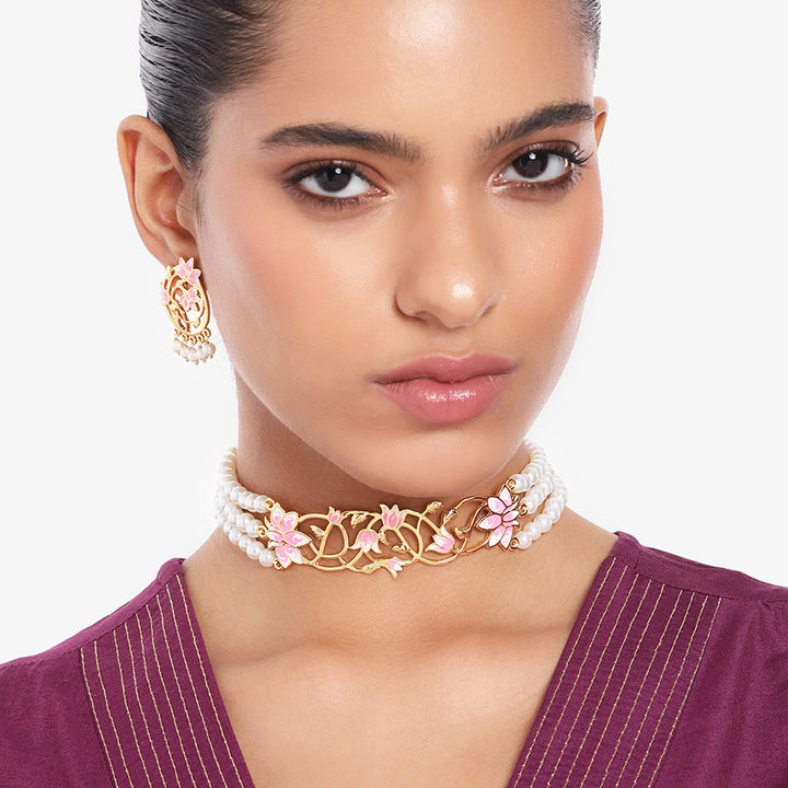 Estele Gold Plated Stylish Lotus Designer Pearl Choker Necklace Set with Pink Enamel for Girl's & Women