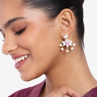 Estele Gold Plated Lotus Designer Dazzling Pearl Drop Earrings with Pink Enamel for Girl's & Women