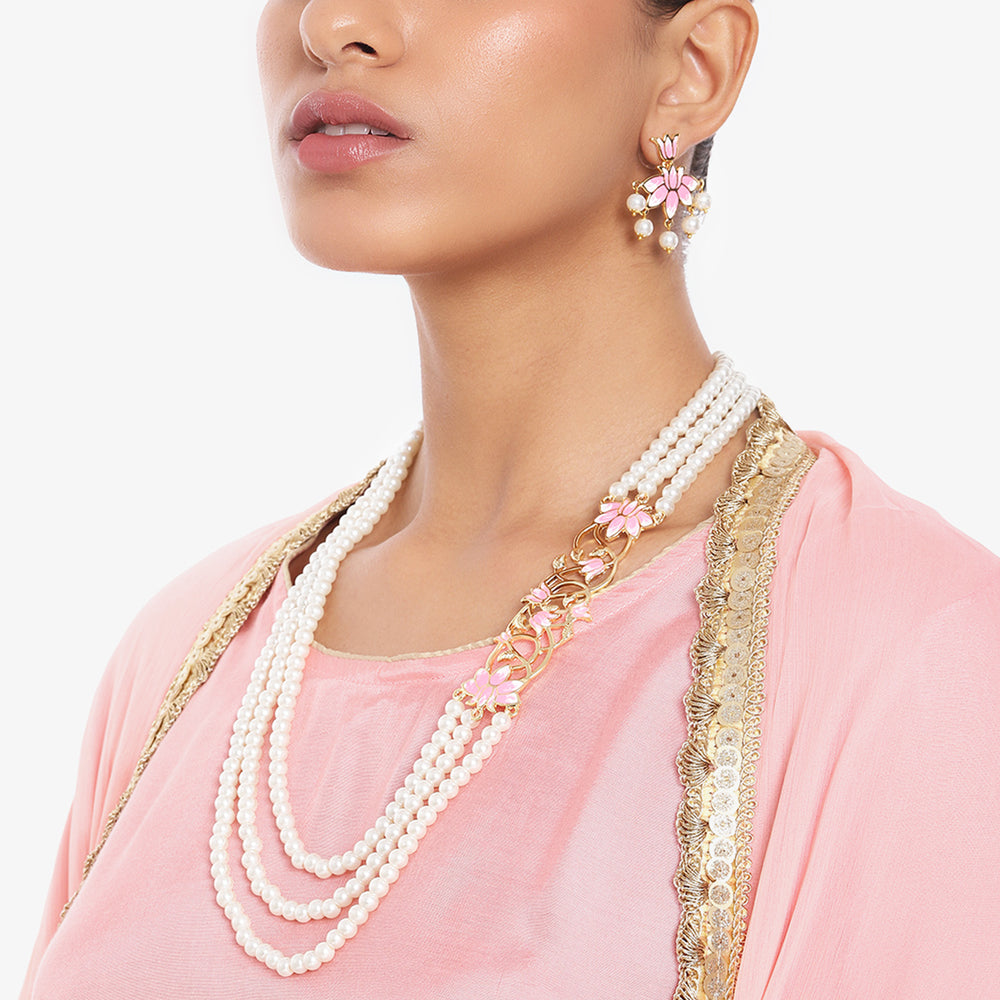 Buy Pink Lotus Designer Pearl Side Pendant Necklace Set – Estele