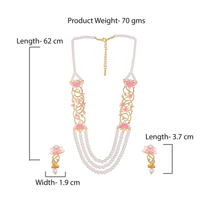 Estele Gold Plated Lotus Designer Three Line Pearl Necklace Set with Pink Enamel for Girls & Women