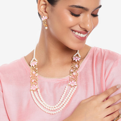 Estele Gold Plated Lotus Designer Three Line Pearl Necklace Set with Pink Enamel for Girls & Women